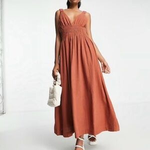 Abercrombie & Fitch Scrunchie Strap Rust Orange Brown Boho Maxi Dress Size SP